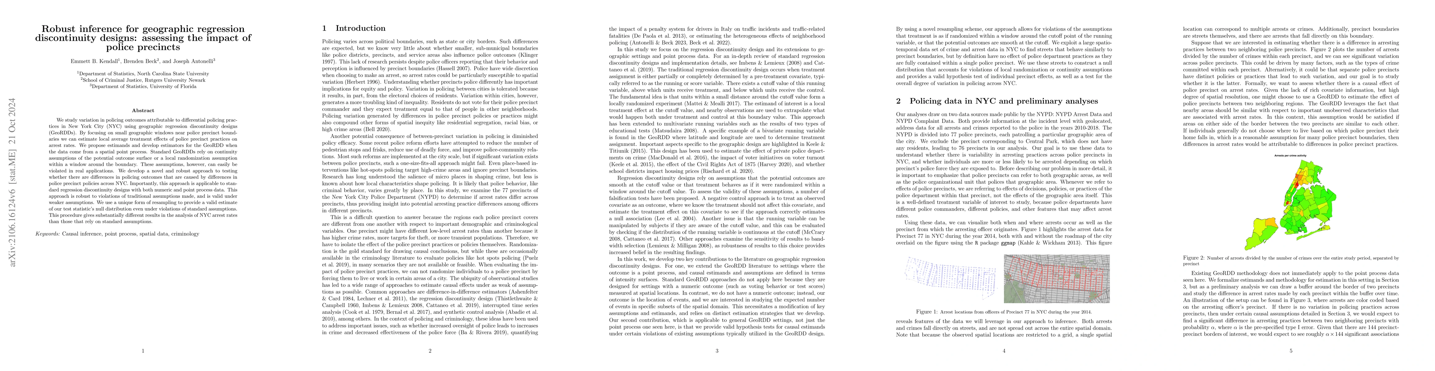 Thumbnail for Robust inference for geographic regression discontinuity designs:
  assessing the impact of police precincts