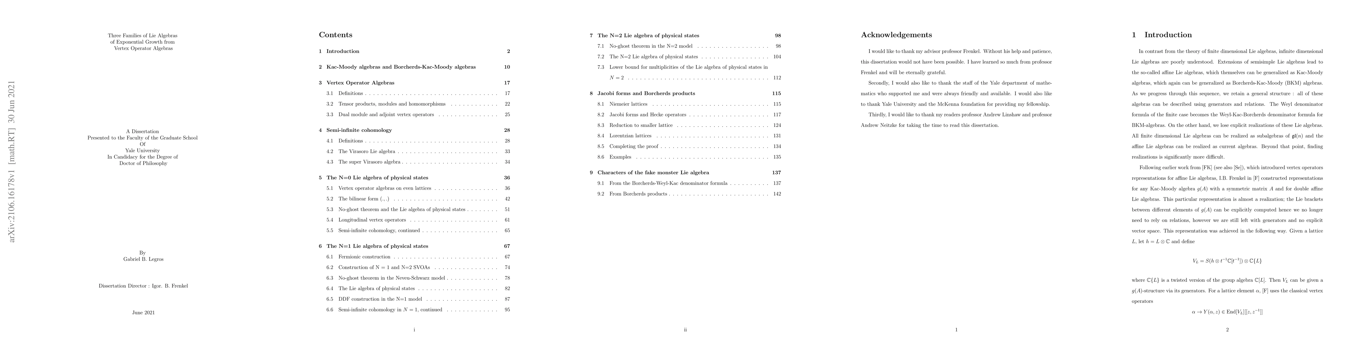 Thumbnail for Three Families of Lie Algebras of Exponential Growth from Vertex
  Operator Algebras