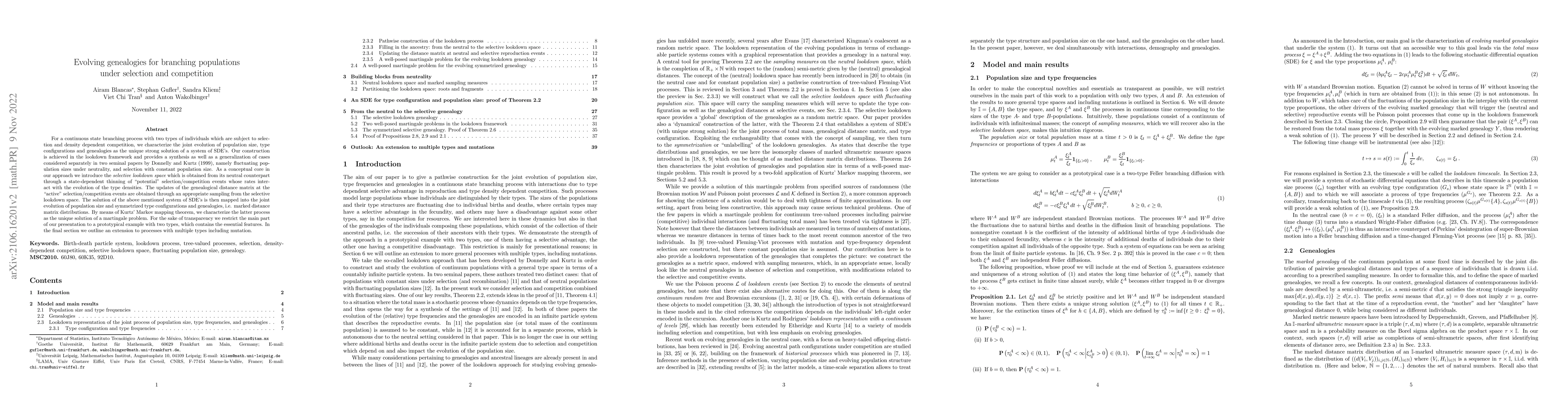 Thumbnail for Evolving genealogies for branching populations under selection and
  competition