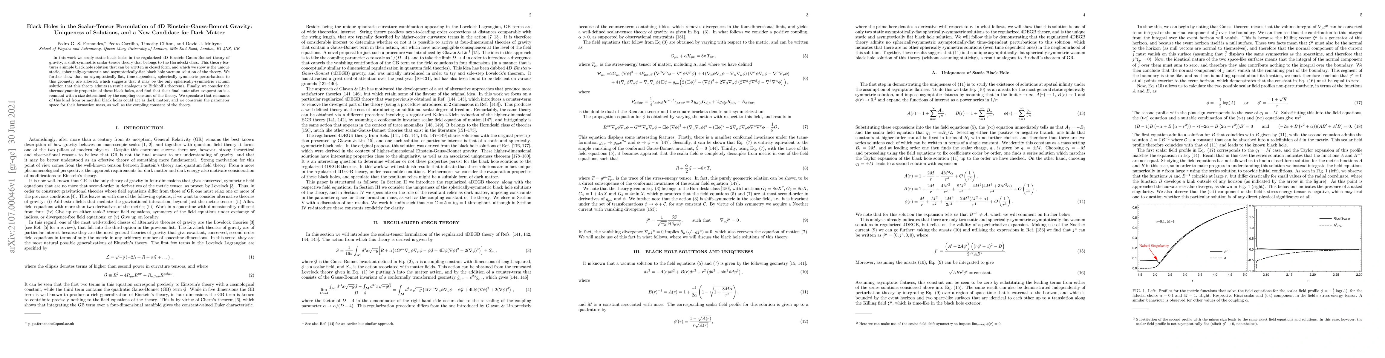 Thumbnail for Black Holes in the Scalar-Tensor Formulation of 4D Einstein-Gauss-Bonnet
  Gravity: Uniqueness of Solutions, and a New Candidate for Dark Matter