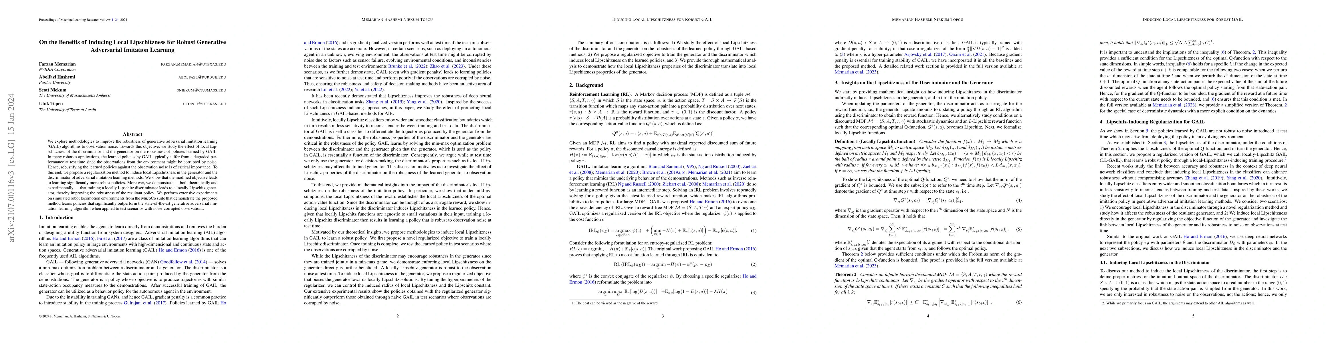 Thumbnail for On the Benefits of Inducing Local Lipschitzness for Robust Generative
  Adversarial Imitation Learning