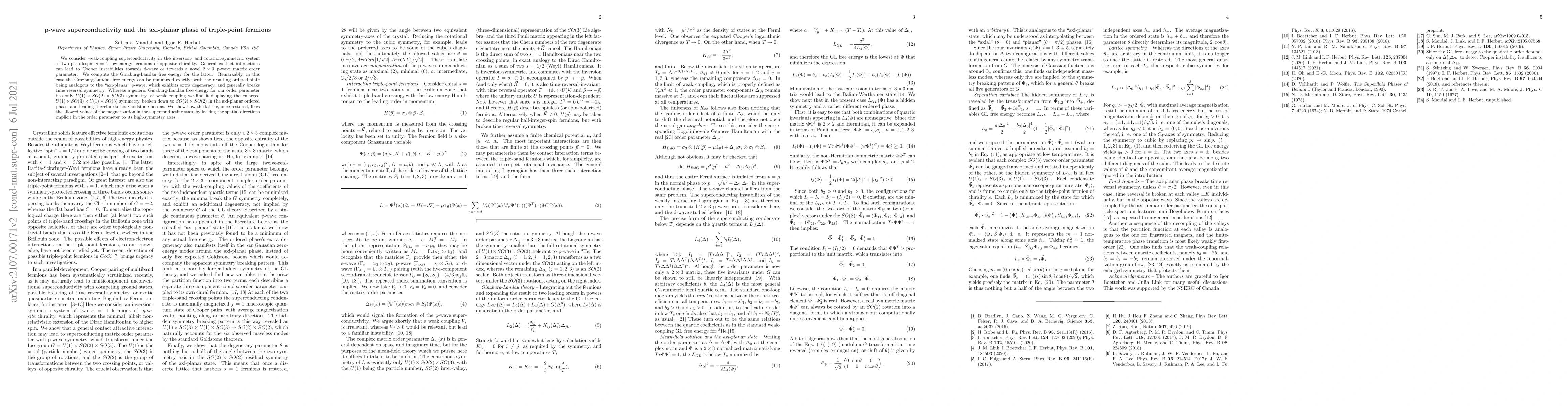 Thumbnail for p-wave superconductivity and the axi-planar phase of triple-point
  fermions