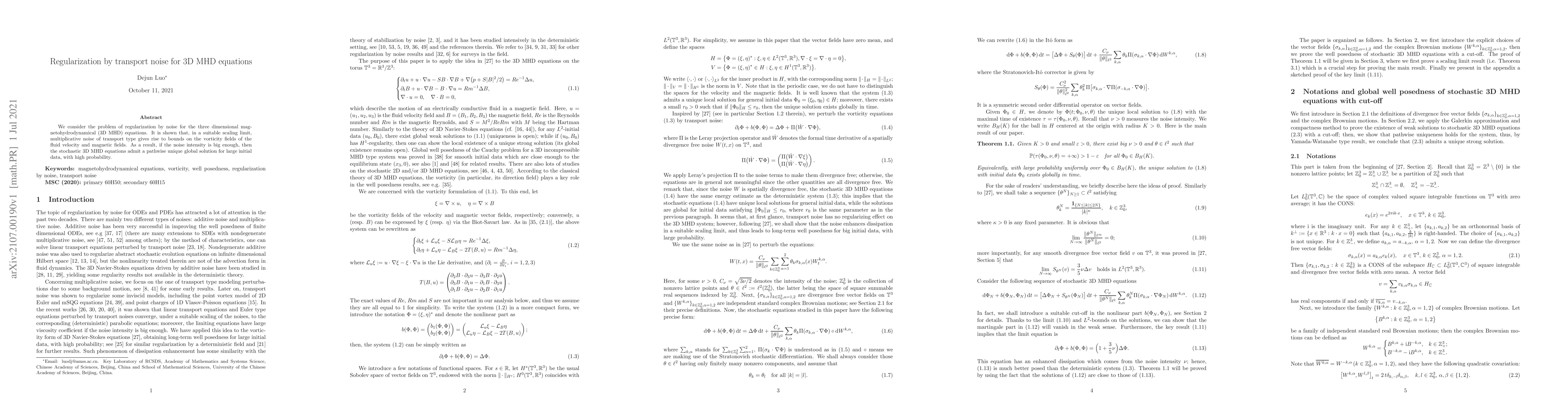 Thumbnail for Regularization by transport noise for 3D MHD equations