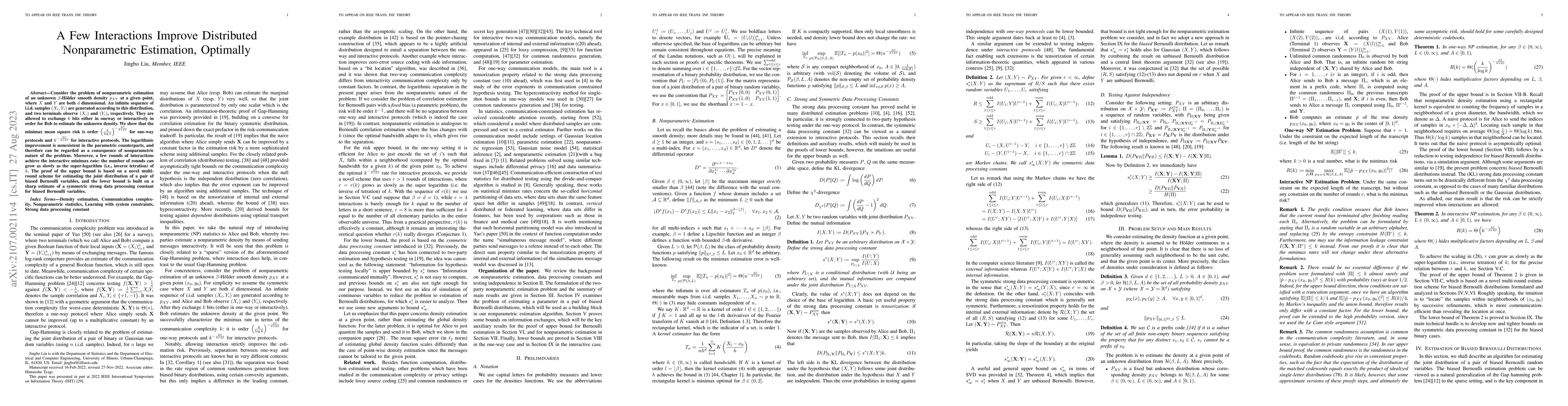 Thumbnail for A Few Interactions Improve Distributed Nonparametric Estimation,
  Optimally