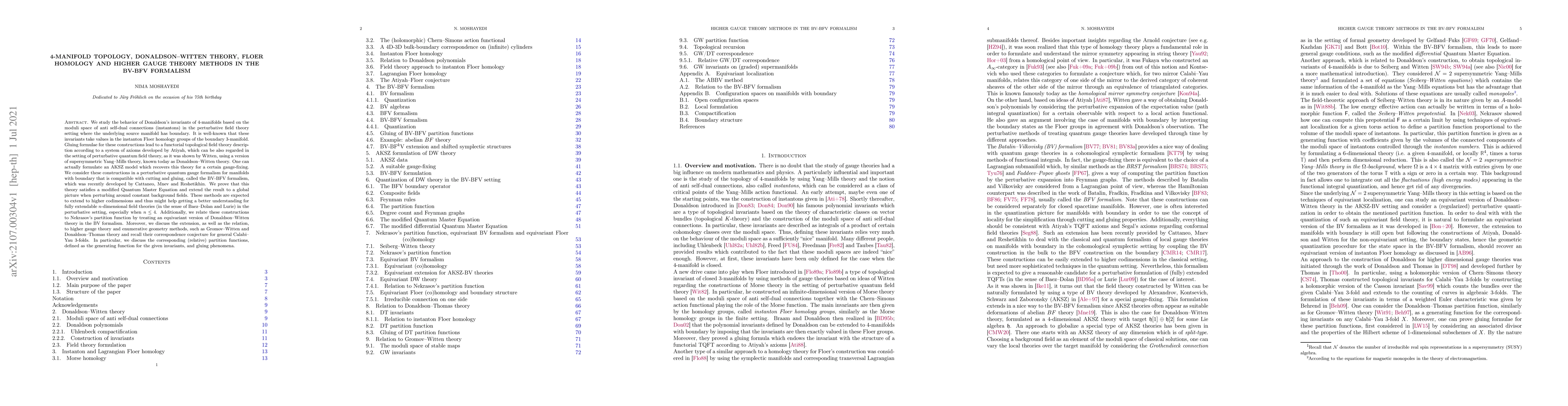 Thumbnail for 4-Manifold Topology, Donaldson-Witten Theory, Floer Homology and Higher
  Gauge Theory Methods in the BV-BFV Formalism