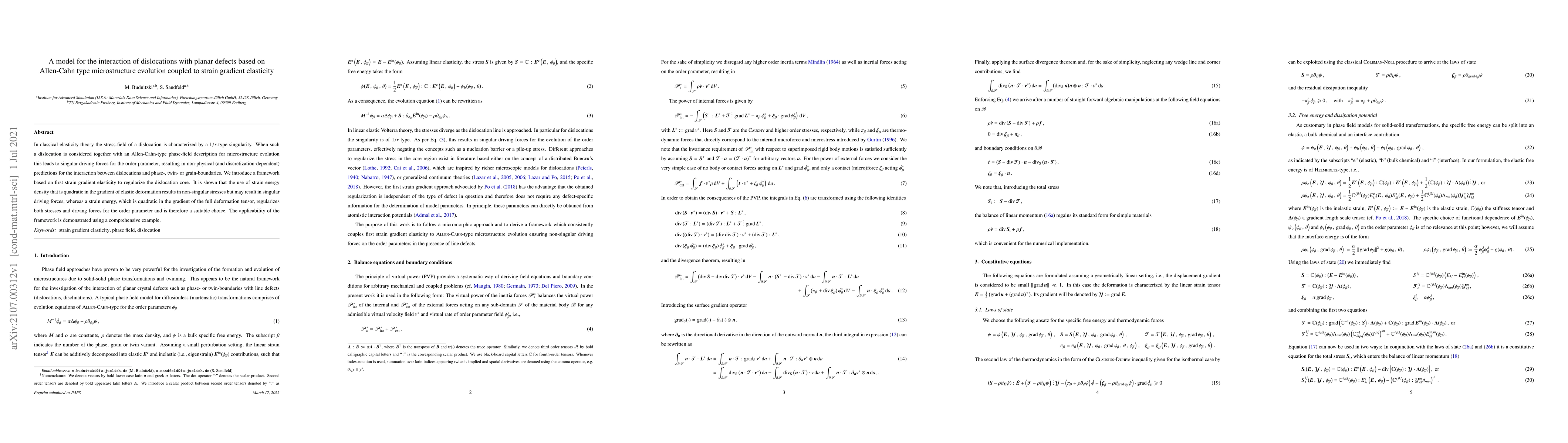 Thumbnail for A model for the interaction of dislocations with planar defects based on
  Allen-Cahn type microstructure evolution coupled to strain gradient
  elasticity