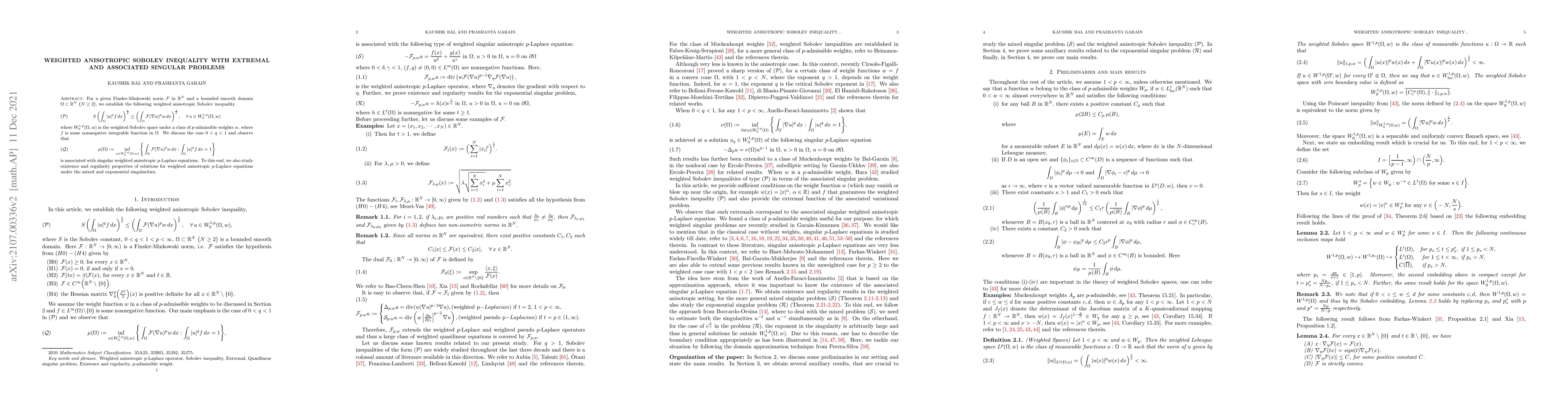 Thumbnail for Weighted anisotropic Sobolev inequality with extremal and associated
  singular problems