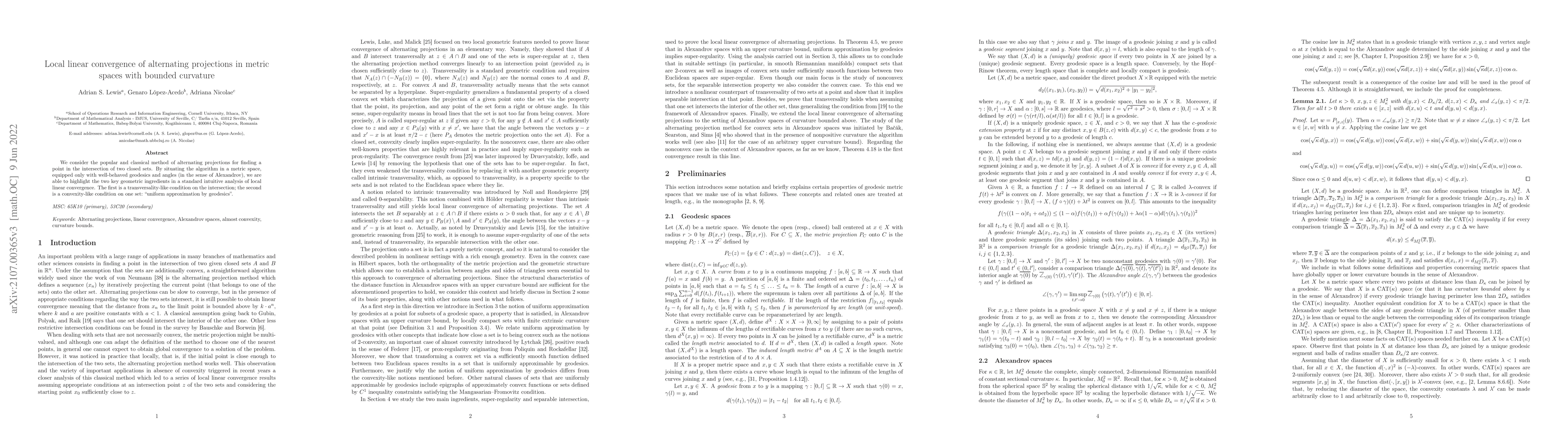 Thumbnail for Local linear convergence of alternating projections in metric spaces
  with bounded curvature