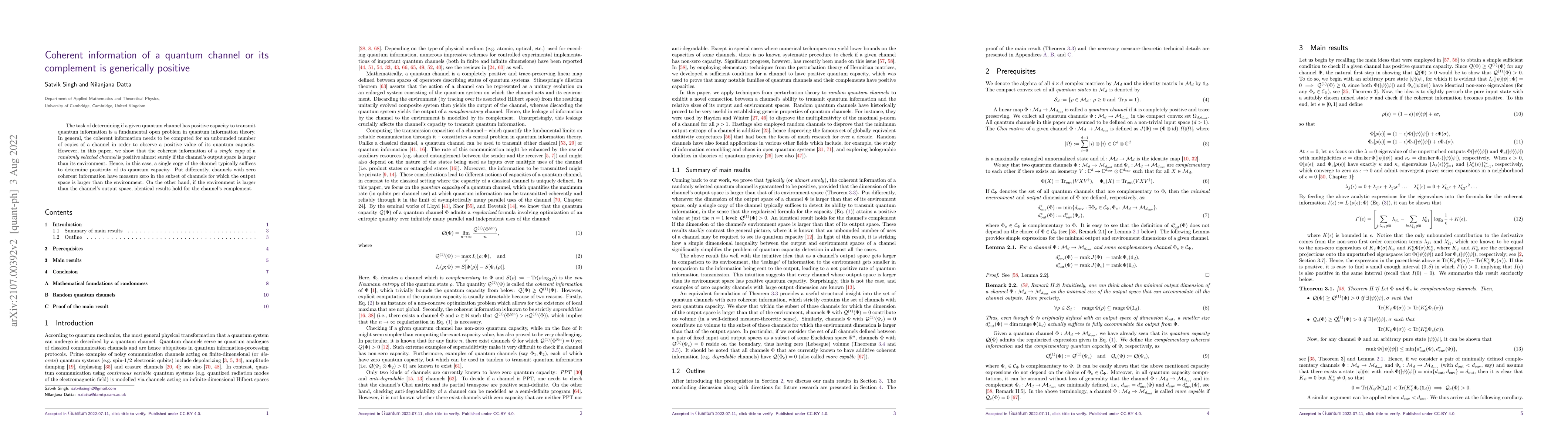 Thumbnail for Coherent information of a quantum channel or its complement is
  generically positive