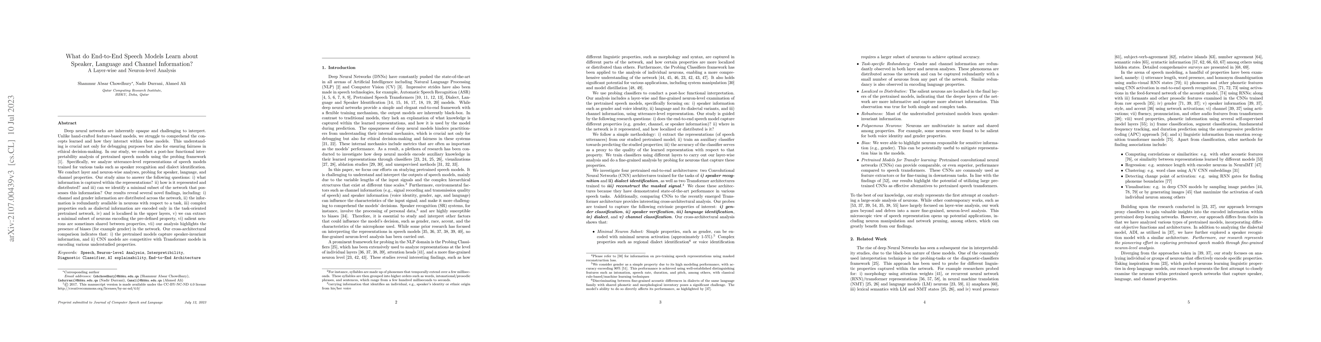 Thumbnail for What do End-to-End Speech Models Learn about Speaker, Language and
  Channel Information? A Layer-wise and Neuron-level Analysis