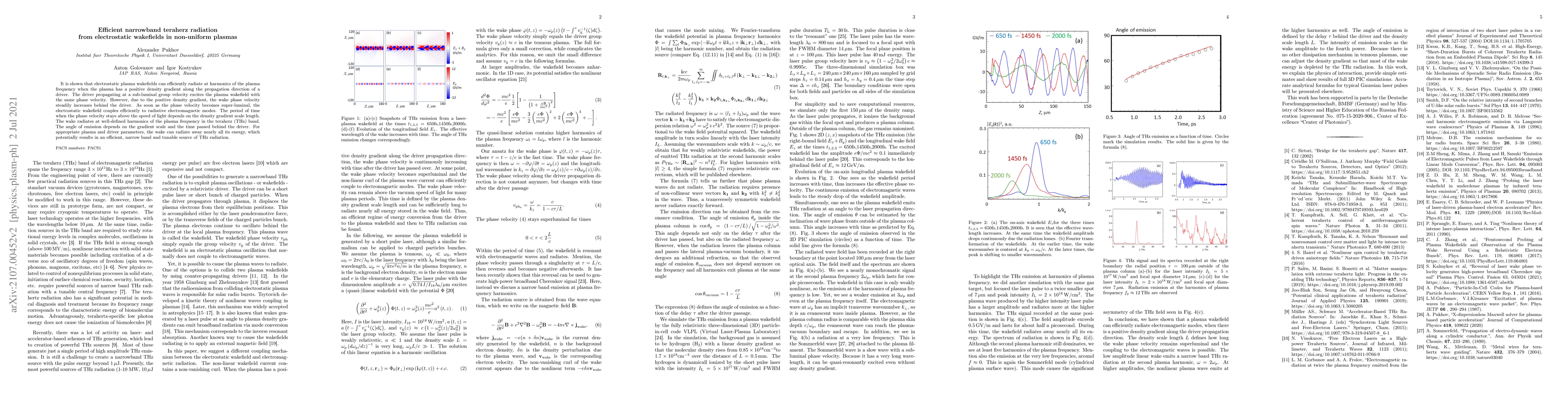 Thumbnail for Efficient narrowband teraherz radiation from electrostatic wakefields in
  non-uniform plasmas
