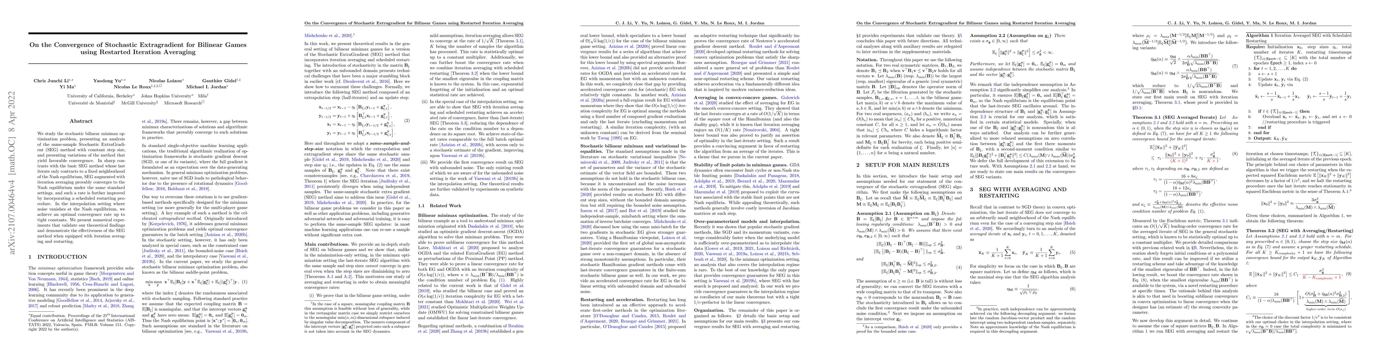 Thumbnail for On the Convergence of Stochastic Extragradient for Bilinear Games using
  Restarted Iteration Averaging