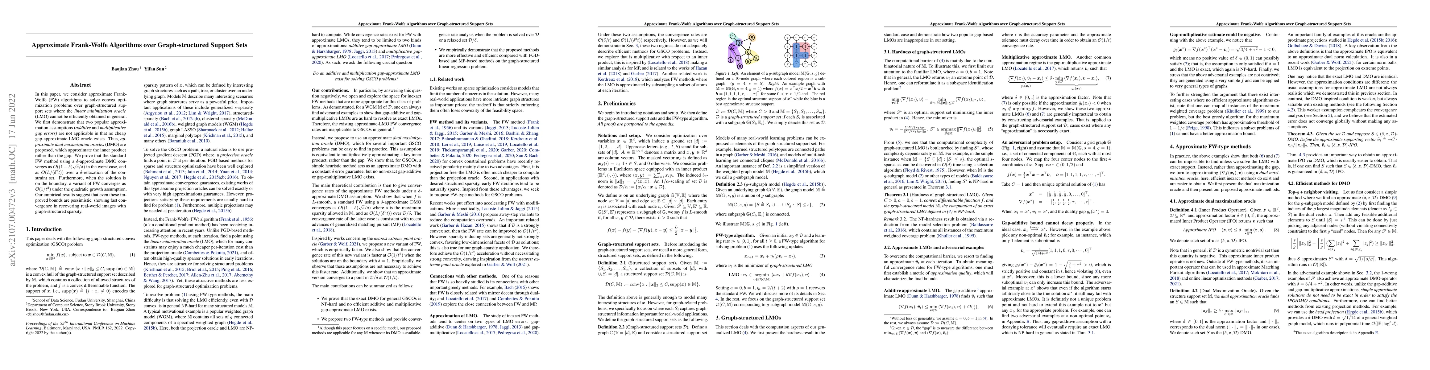 Thumbnail for Approximate Frank-Wolfe Algorithms over Graph-structured Support Sets