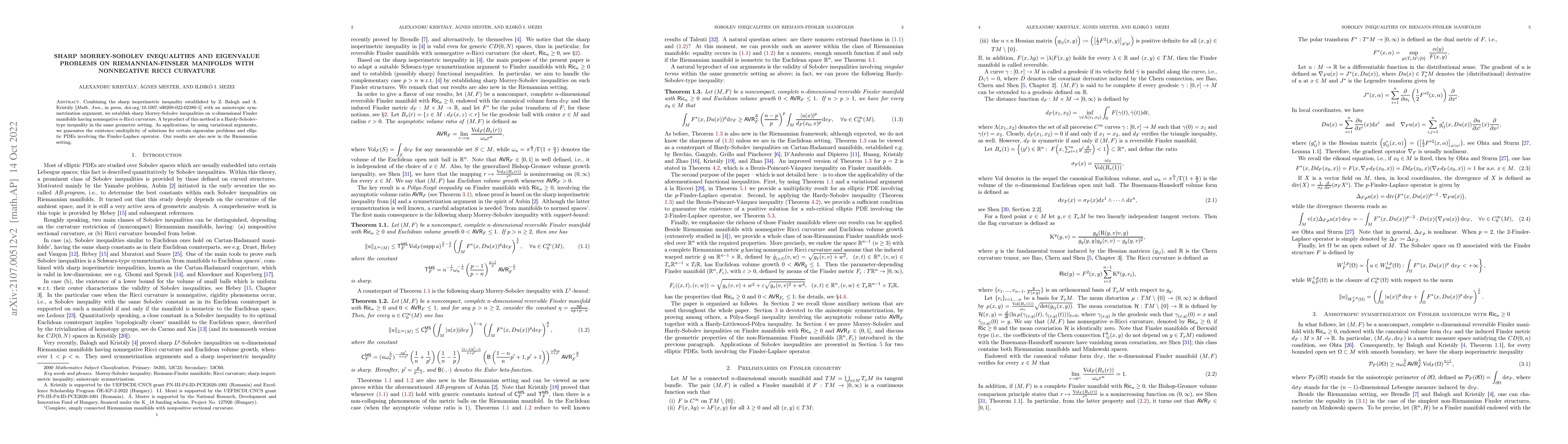 Thumbnail for Sharp Morrey-Sobolev inequalities and eigenvalue problems on
  Riemannian-Finsler manifolds with nonnegative Ricci curvature
