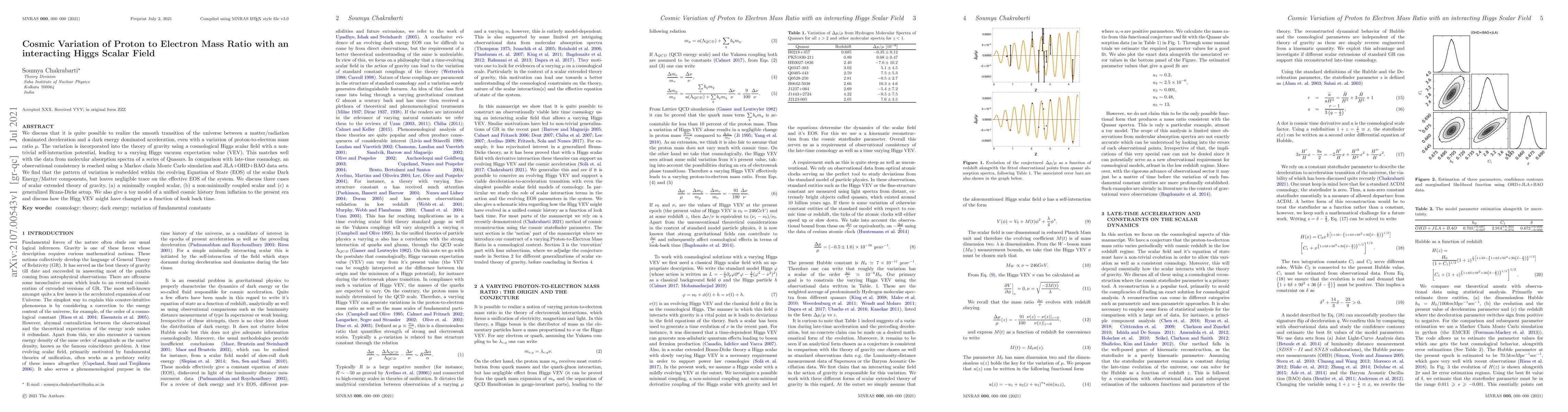 Thumbnail for Cosmic Variation of Proton to Electron Mass Ratio with an interacting
  Higgs Scalar Field