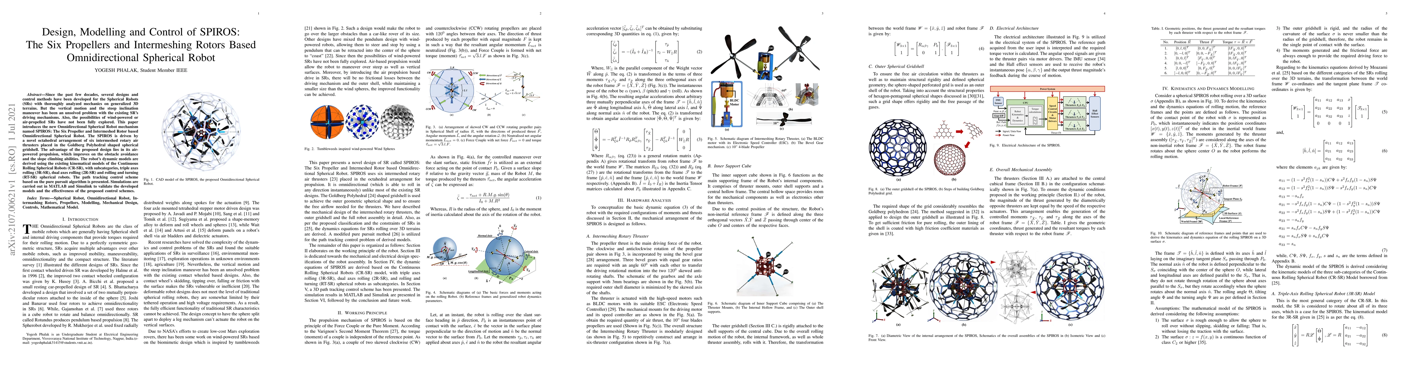 Thumbnail for Design, Modelling and Control of SPIROS: The Six Propellers and
  Intermeshing Rotors Based Omnidirectional Spherical Robot