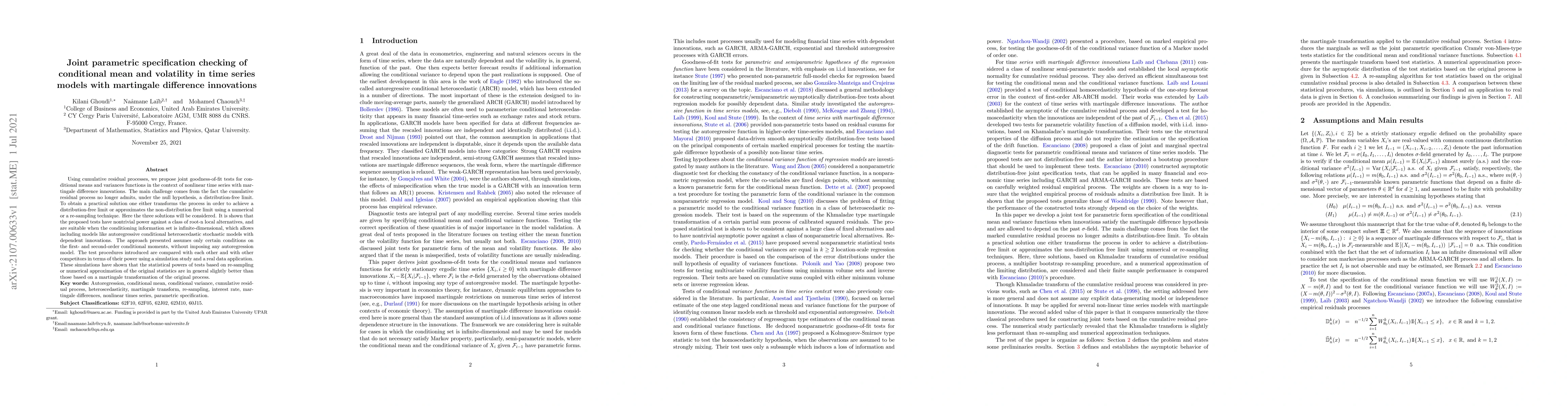 Thumbnail for Joint parametric specification checking of conditional mean and
  volatility in time series models with martingale difference innovations