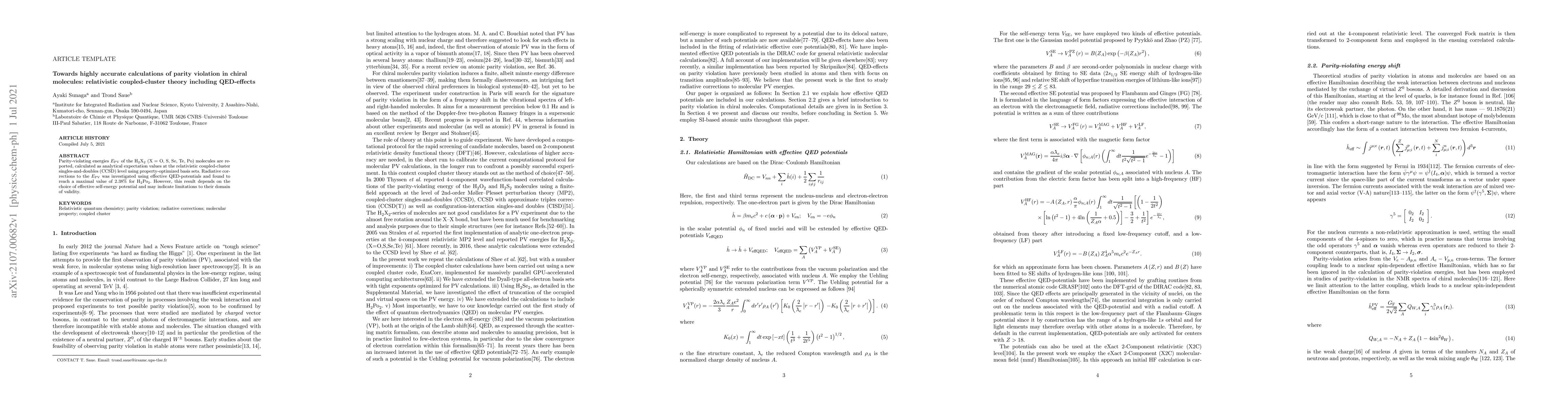 Thumbnail for Towards highly accurate calculations of parity violation in chiral
  molecules: relativistic coupled-cluster theory including QED-effects