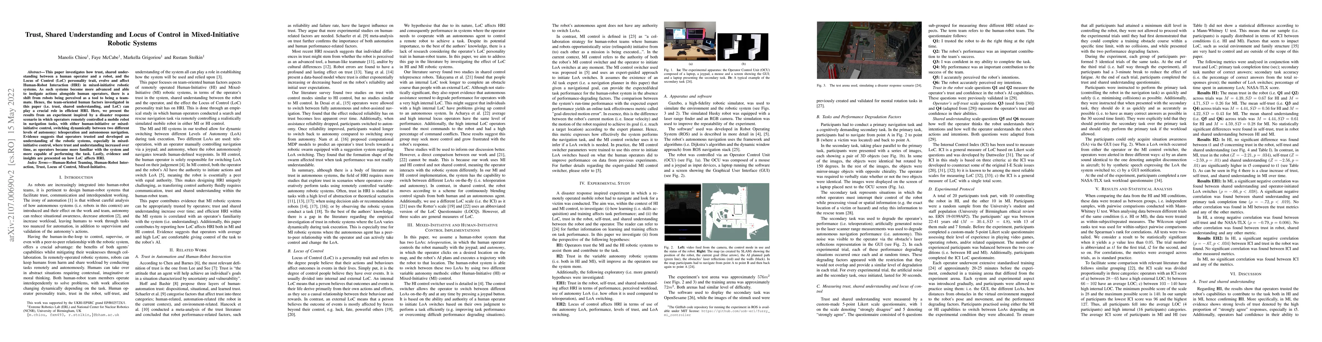 Thumbnail for Trust, Shared Understanding and Locus of Control in Mixed-Initiative
  Robotic Systems