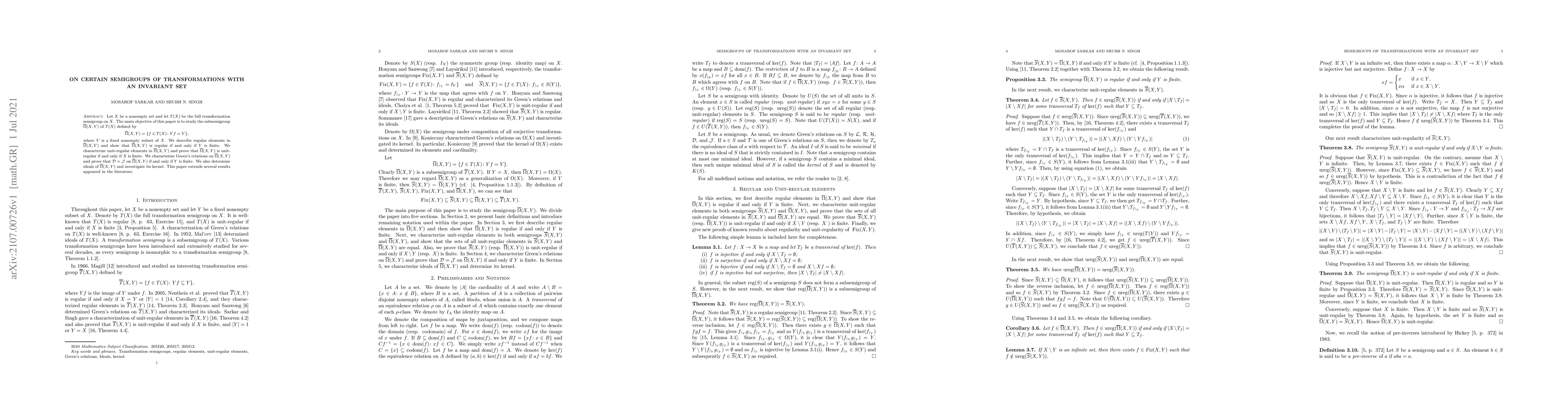 Thumbnail for On certain semigroups of transformations with an invariant set