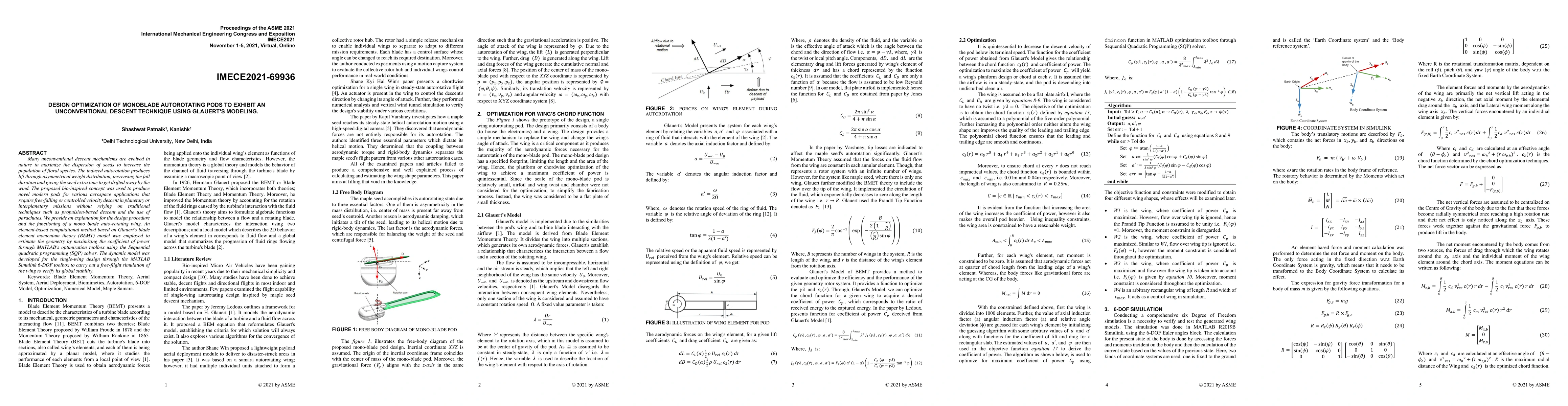 Thumbnail for Design Optimization of Monoblade Autorotating Pods To Exhibit an
  Unconventional Descent Technique Using Glauert's Modelling