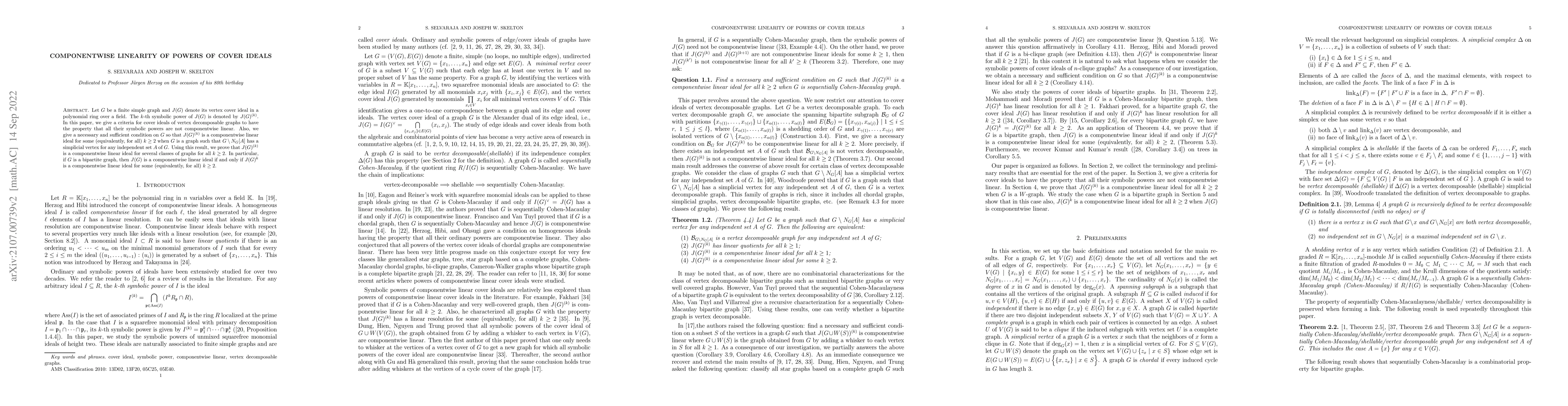 Thumbnail for Componentwise Linearity of Powers of Cover Ideals