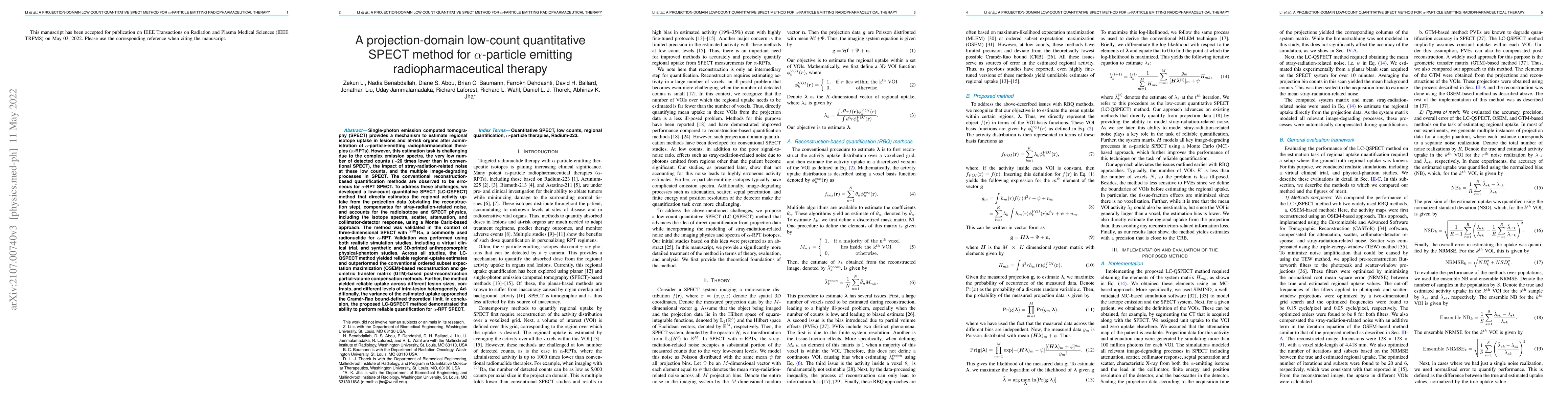Thumbnail for A projection-domain low-count quantitative SPECT method for
  alpha-particle emitting radiopharmaceutical therapy