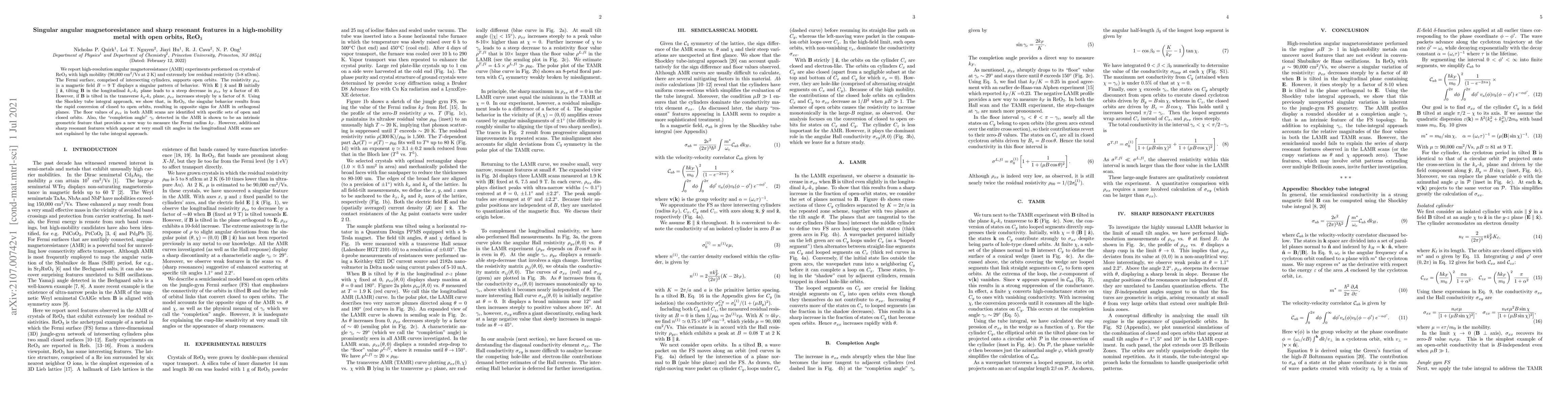 Thumbnail for Singular angular magnetoresistance and sharp resonant features in a
  high-mobility metal with open orbits, ReO3