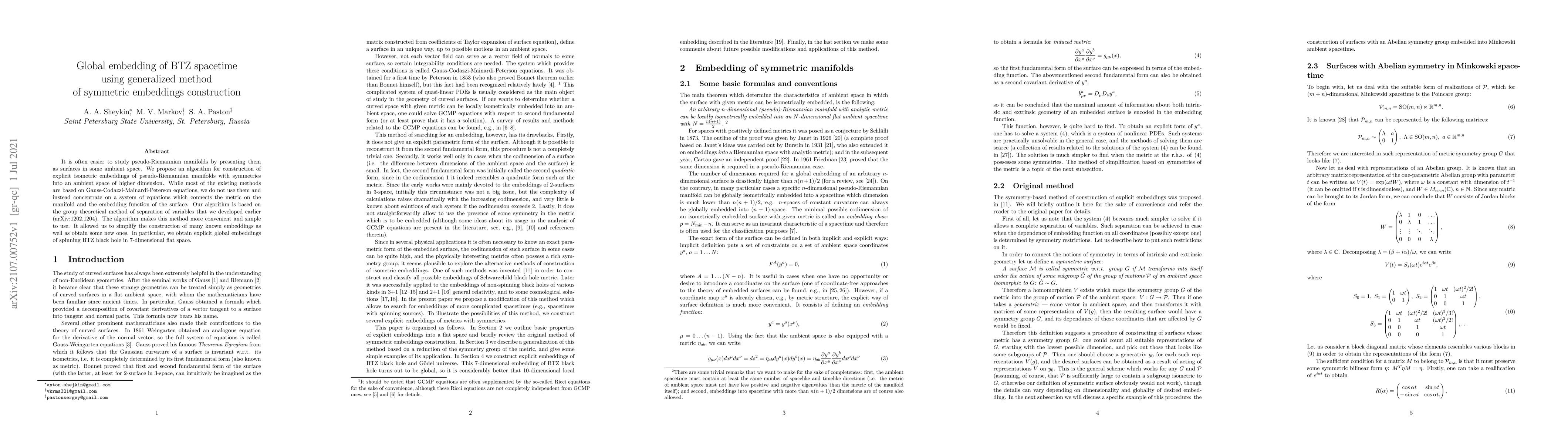 Thumbnail for Global embedding of BTZ spacetime using generalized method of symmetric
  embeddings construction