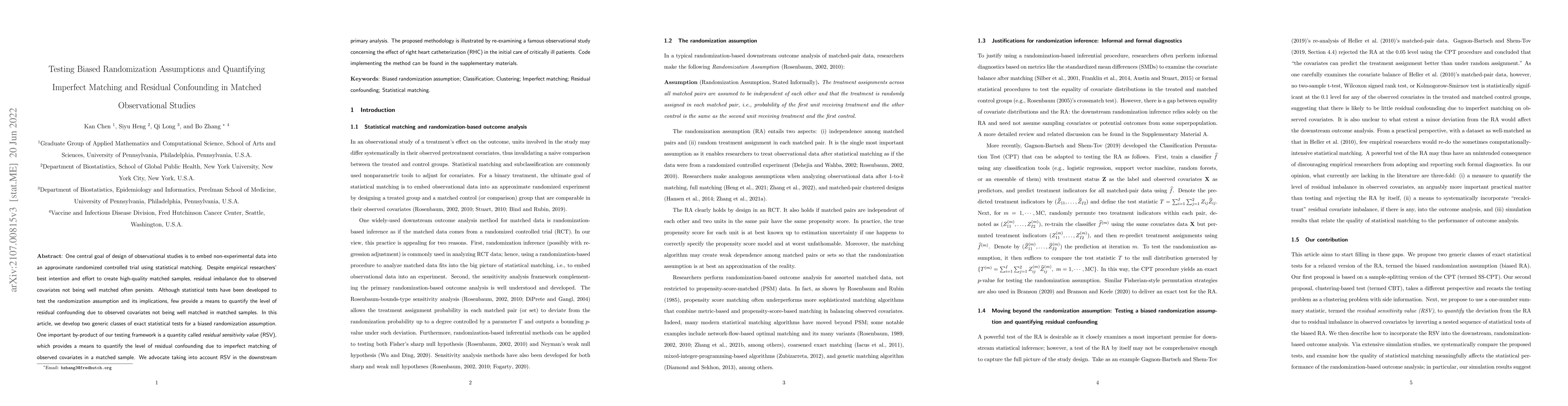 Thumbnail for Testing Biased Randomization Assumptions and Quantifying Imperfect
  Matching and Residual Confounding in Matched Observational Studies