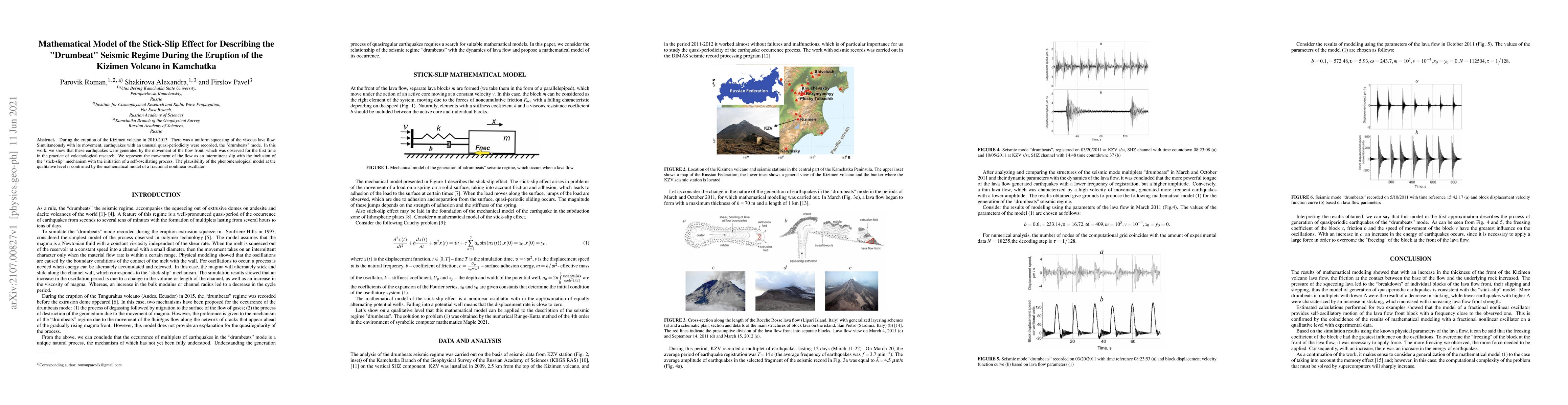 Thumbnail for Mathematical Model of the Stick-Slip Effect for Describing the
  "Drumbeat" Seismic Regime During the Eruption of the Kizimen Volcano in
  Kamchatka