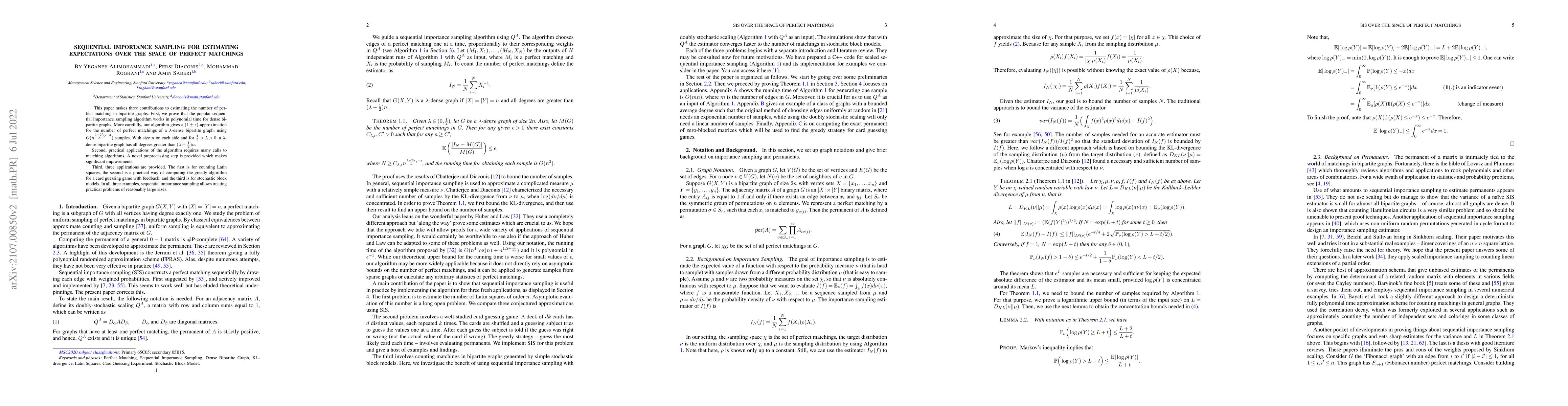 Thumbnail for Sequential importance sampling for estimating expectations over the
  space of perfect matchings