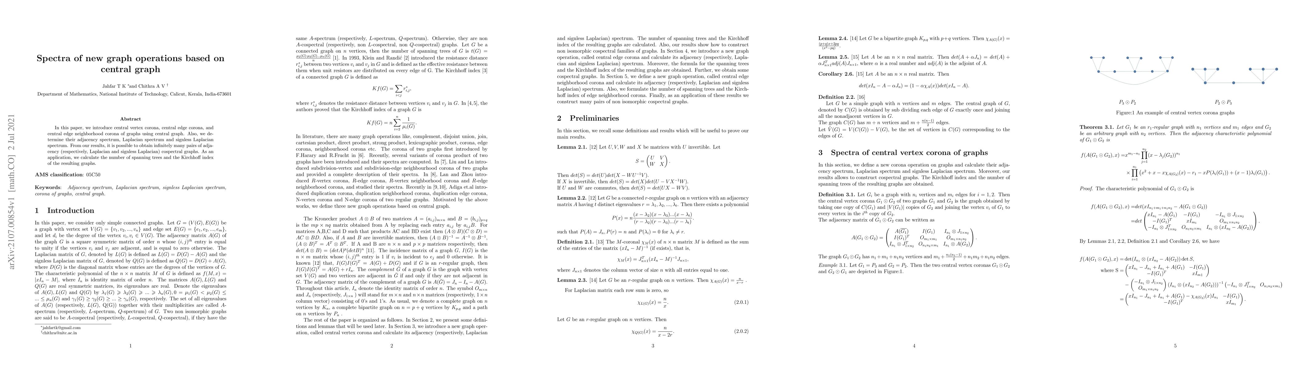 Thumbnail for Spectra of new graph operations based on central graph