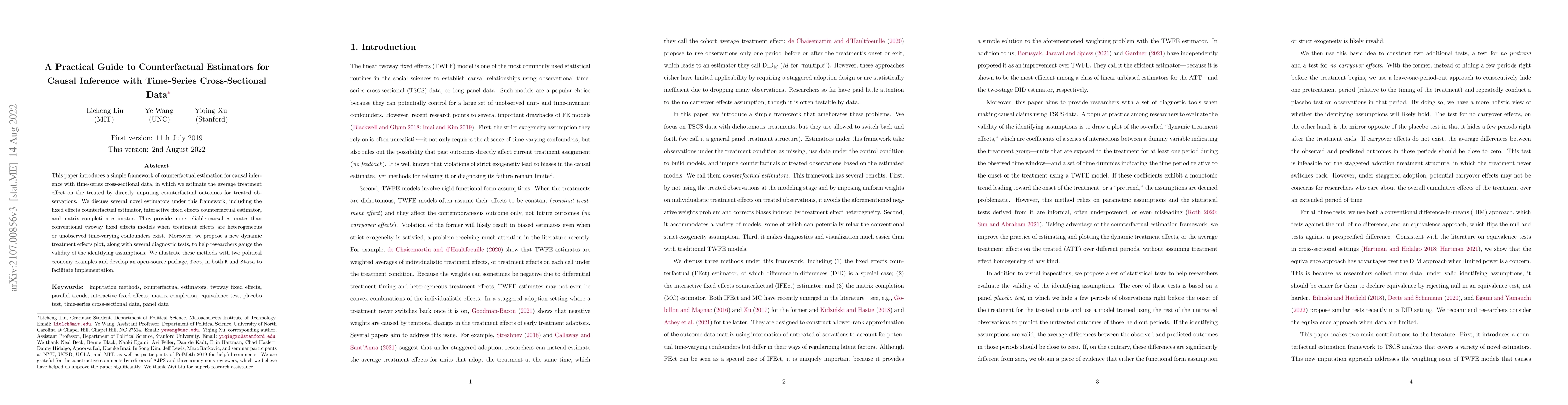 Thumbnail for A Practical Guide to Counterfactual Estimators for Causal Inference with
  Time-Series Cross-Sectional Data
