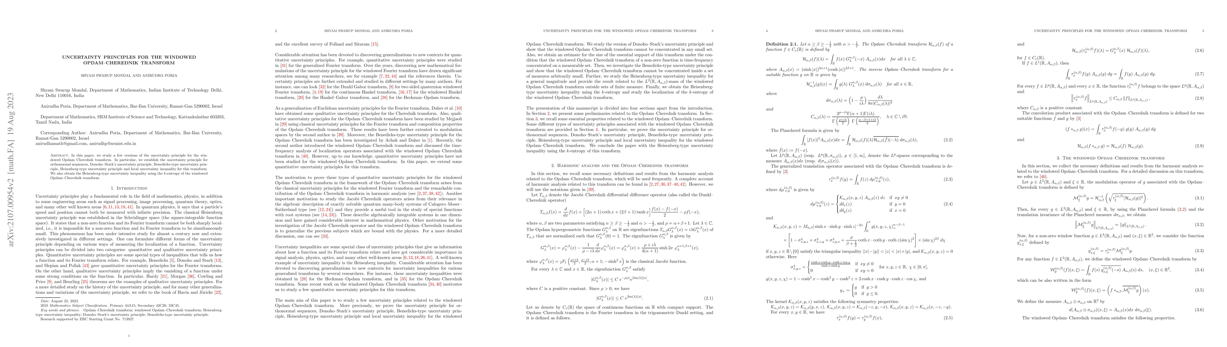 Thumbnail for Uncertainty principles for the windowed Opdam--Cherednik transform