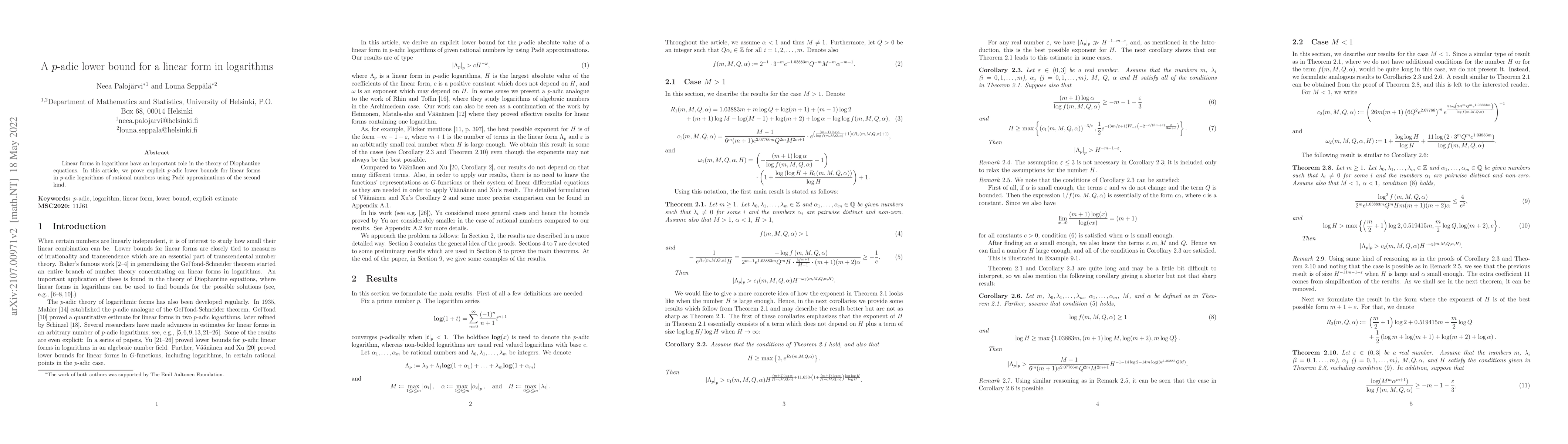 Thumbnail for A $p$-adic lower bound for a linear form in logarithms
