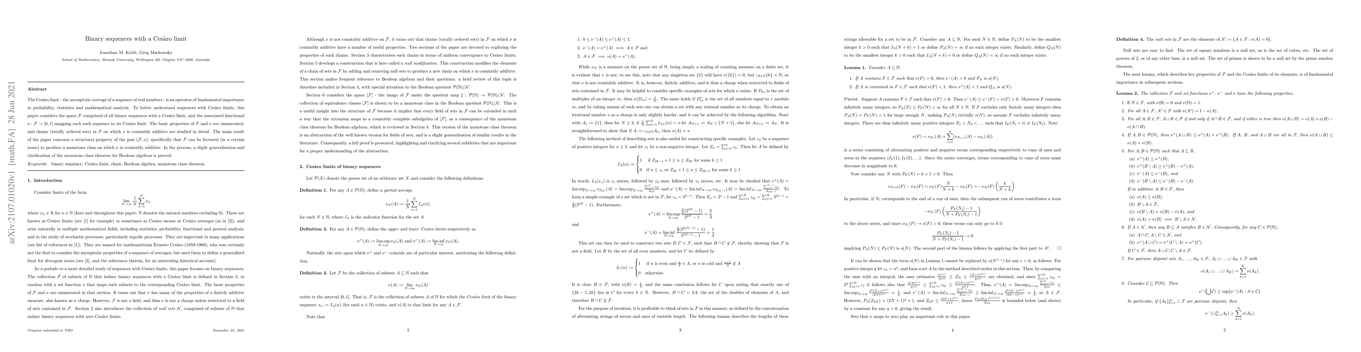 Thumbnail for Binary sequences with a Ces\`aro limit