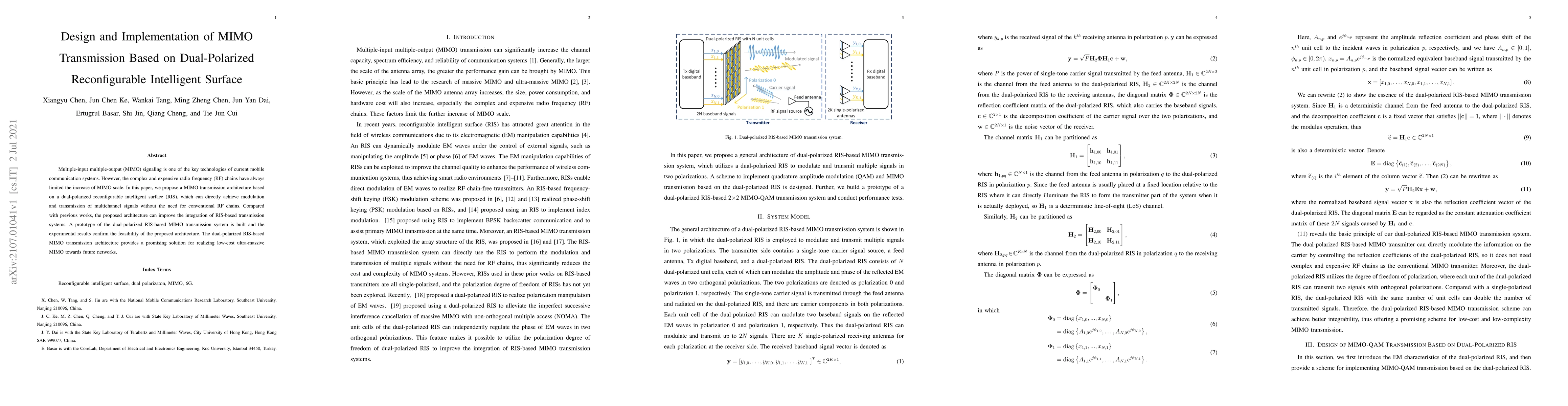 Thumbnail for Design and Implementation of MIMO Transmission Based on Dual-Polarized
  Reconfigurable Intelligent Surface