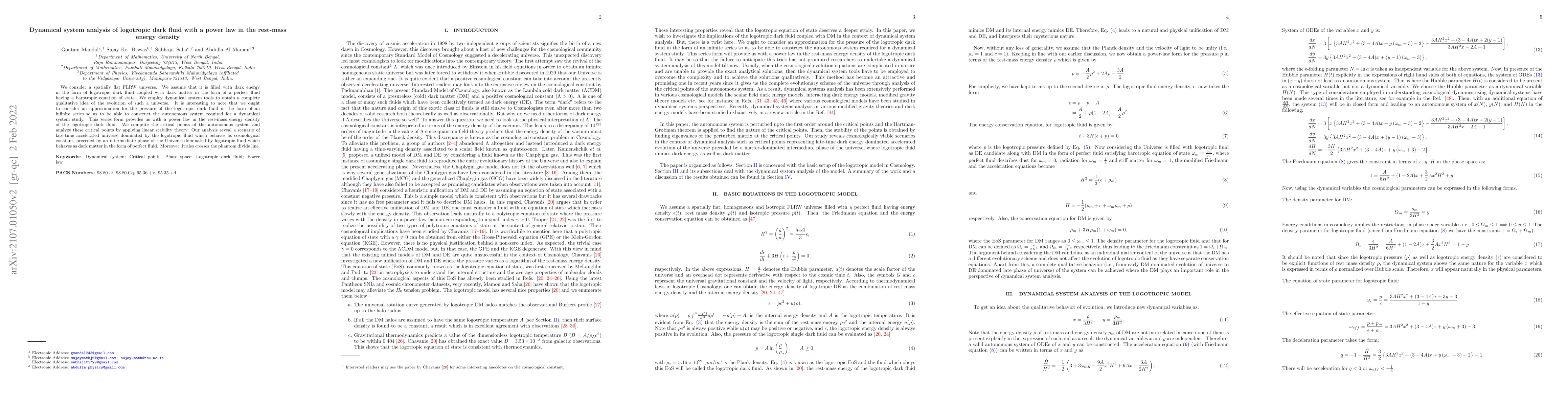Thumbnail for Dynamical system analysis of logotropic dark fluid with a power law in
  the rest-mass energy density