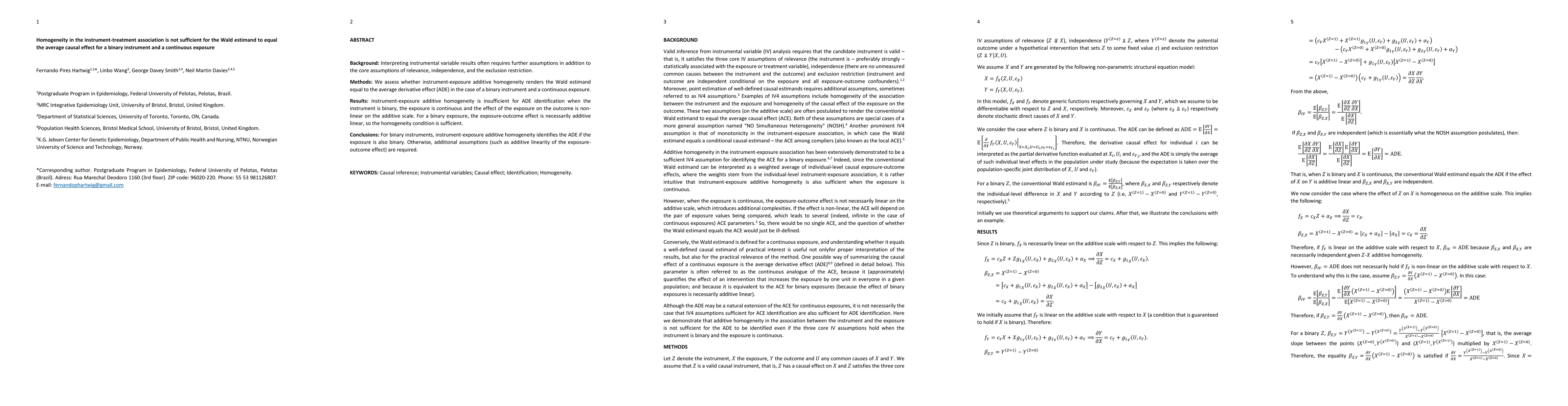 Thumbnail for Homogeneity in the instrument-treatment association is not sufficient
  for the Wald estimand to equal the average causal effect for a binary
  instrument and a continuous exposure