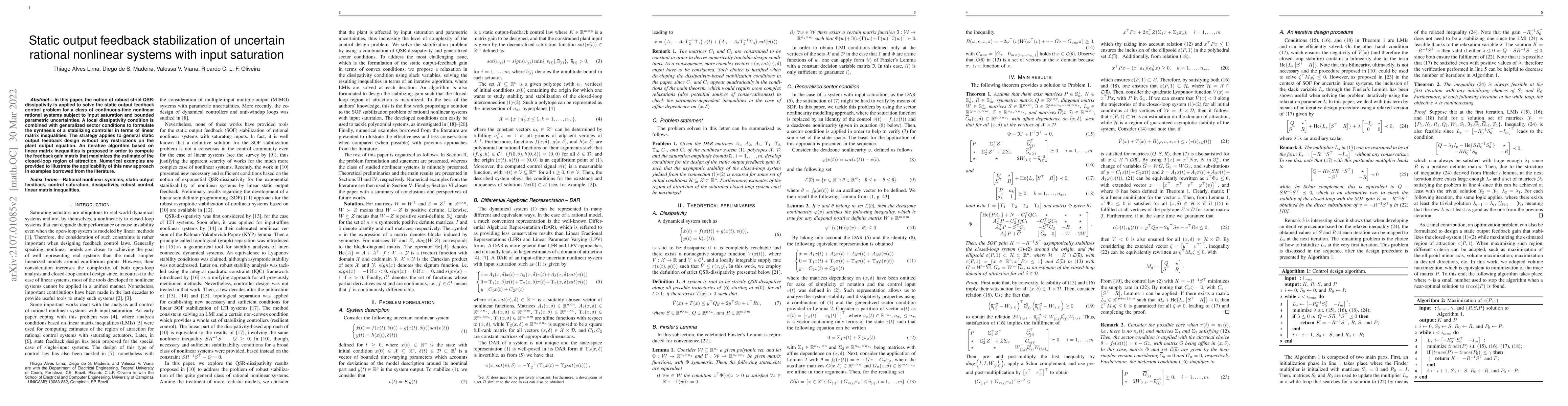 Thumbnail for Static output feedback stabilization of uncertain rational nonlinear
  systems with input saturation