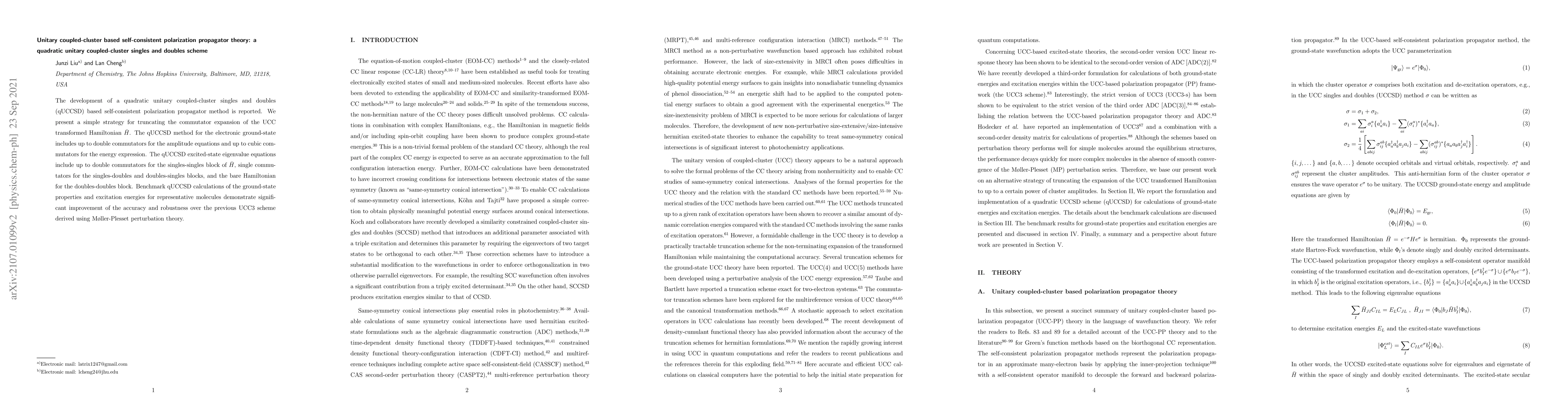 Thumbnail for Unitary coupled-cluster based self-consistent polarization propagator
  theory: a quadratic unitary coupled-cluster singles and doubles scheme