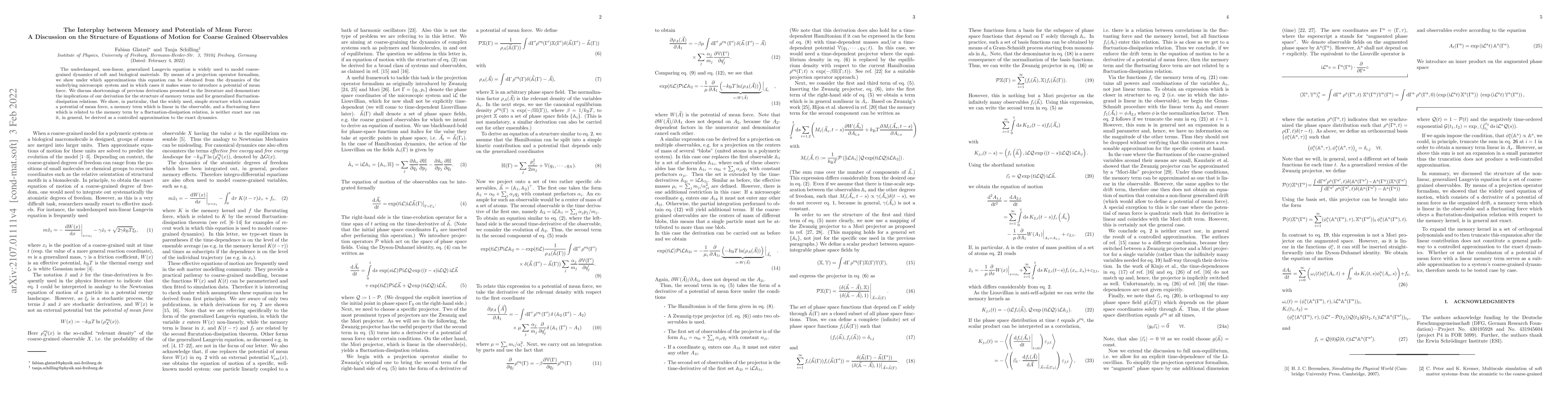 Thumbnail for The Interplay between Memory and Potentials of Mean Force: A Discussion
  on the Structure of Equations of Motion for Coarse Grained Observables