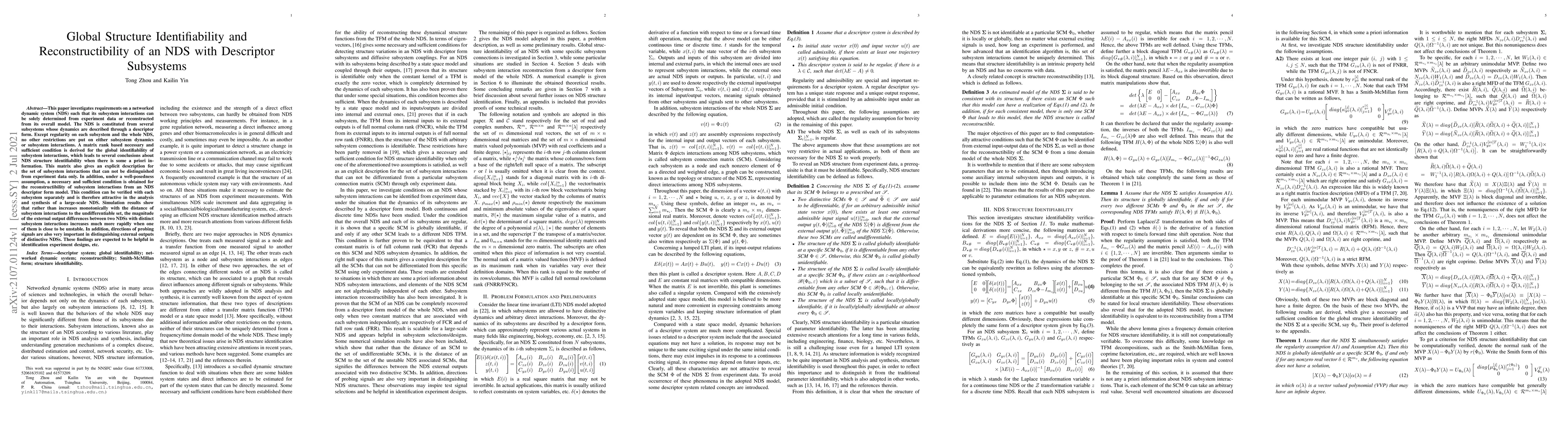 Thumbnail for Global Structure Identifiability and Reconstructibility of an NDS with
  Descriptor Subsystems