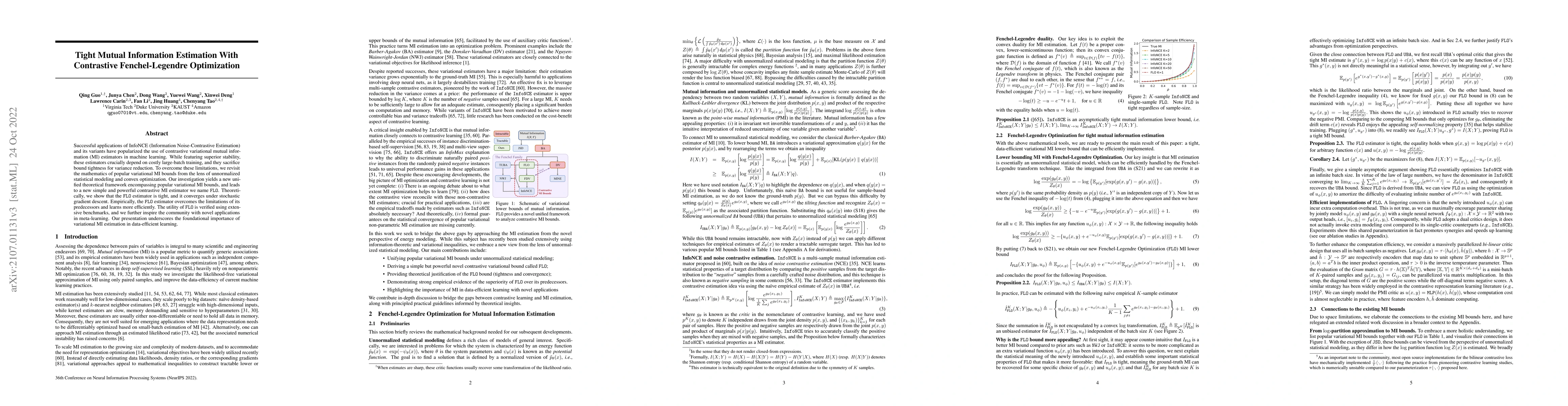 Thumbnail for Tight Mutual Information Estimation With Contrastive Fenchel-Legendre
  Optimization
