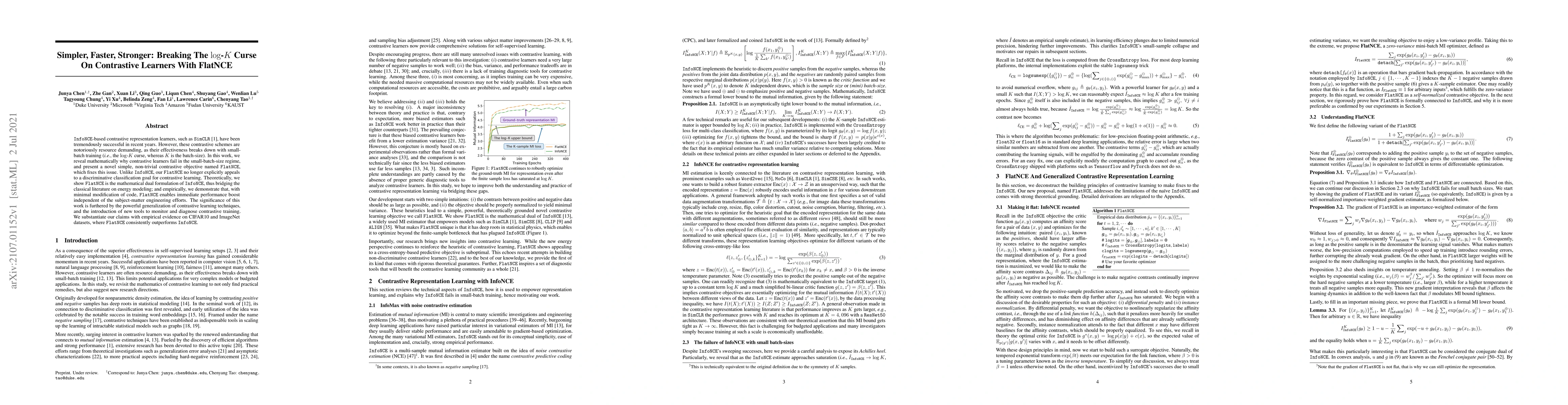 Thumbnail for Simpler, Faster, Stronger: Breaking The log-K Curse On Contrastive
  Learners With FlatNCE