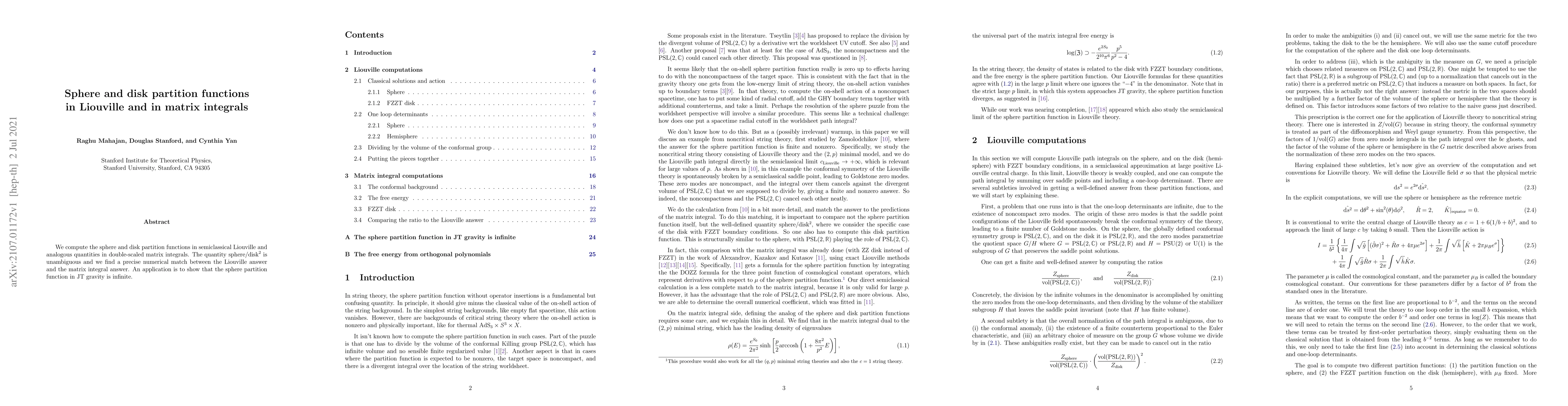 Thumbnail for Sphere and disk partition functions in Liouville and in matrix integrals