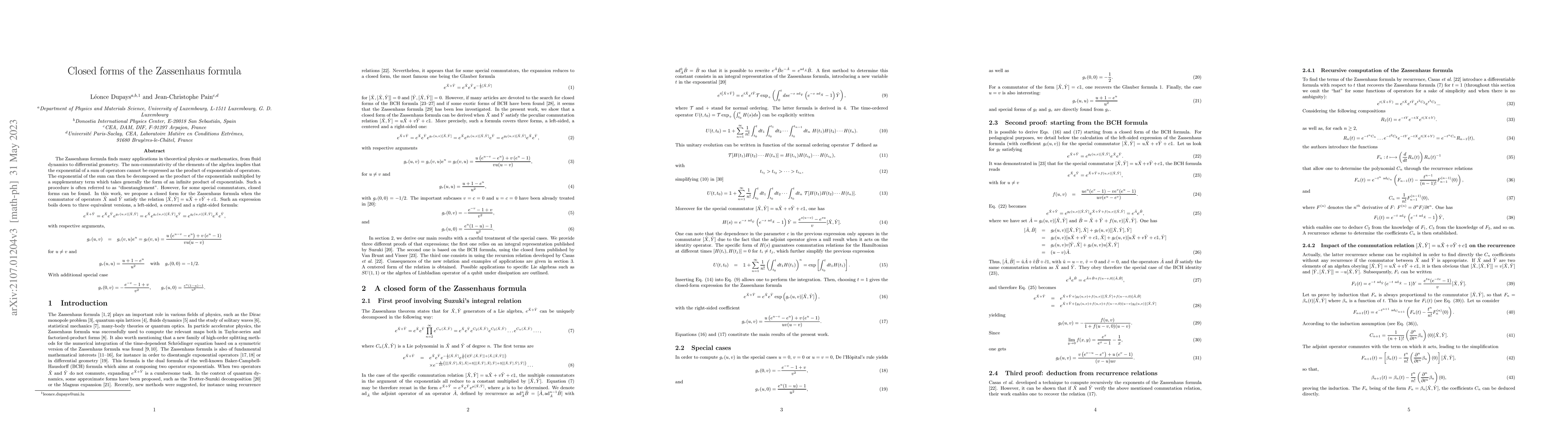 Thumbnail for Closed forms of the Zassenhaus formula