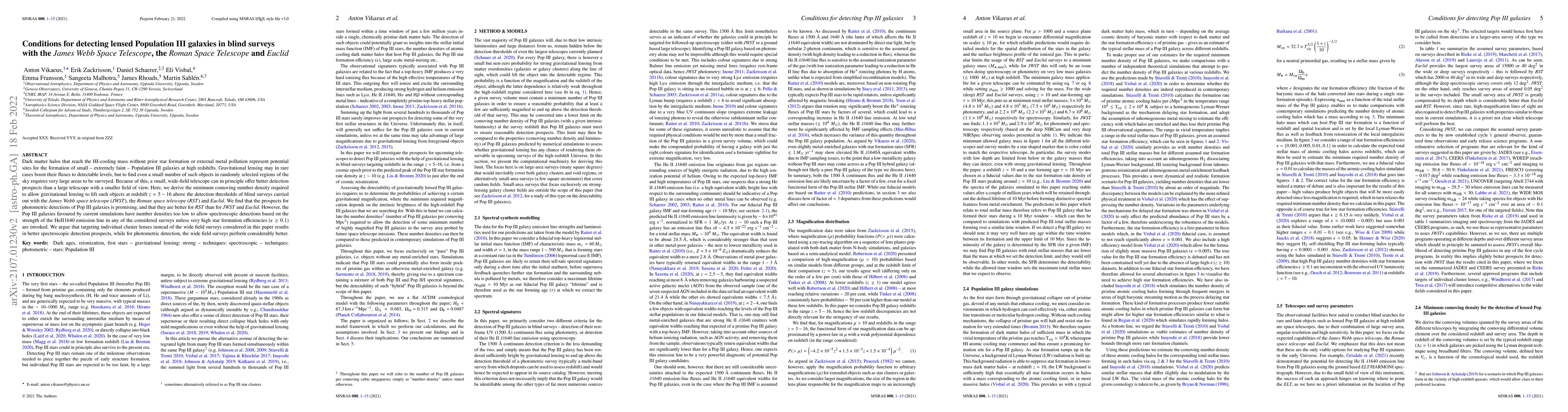 Thumbnail for Conditions for detecting lensed Population III galaxies in blind surveys
  with the James Webb Space Telescope, the Roman Space Telescope and Euclid