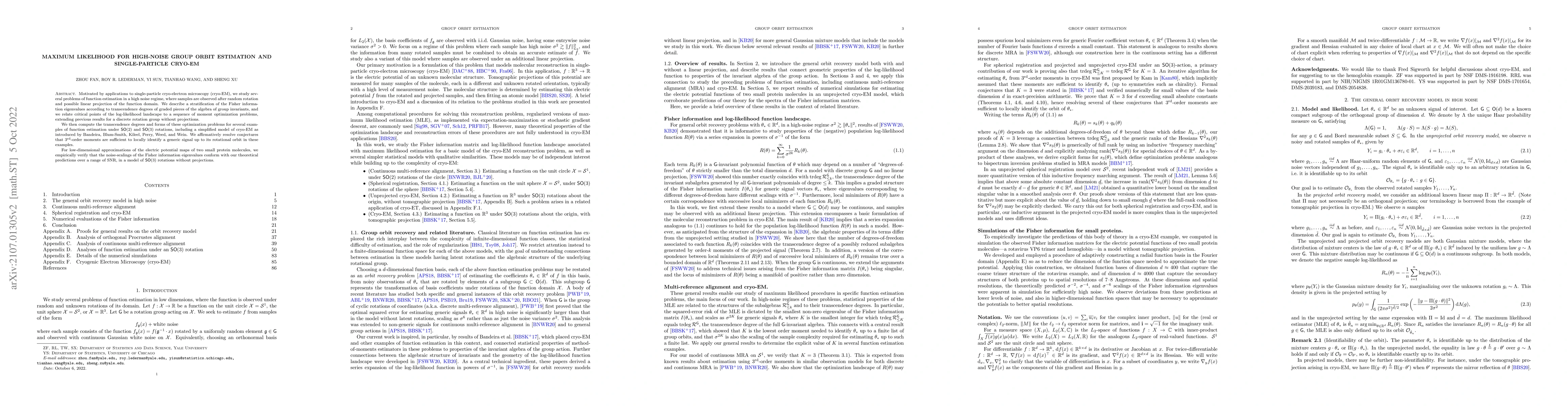 Thumbnail for Maximum likelihood for high-noise group orbit estimation and
  single-particle cryo-EM